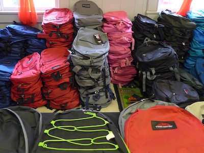 Backpacks on a table that were part of a 4:12 Kids backpack drive in Lockhart, Texas and Nokesville, Virginia