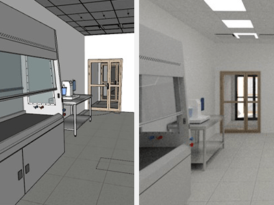 Cartoon walk through and rendering side by side created by AMTS Design on Demand.