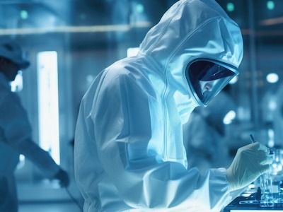 Researcher in the cleanroom of a semiconductor facility performing duties