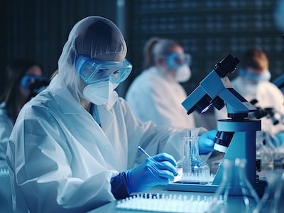 Laboratory technicians perform research in a Life Science laboratory