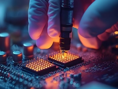Factory worker assembling microchips inside a semiconductor fabrication facility