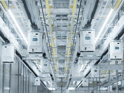 Shot of Automated Handling Material System Lines for Wafers Inside Advanced Semiconductor Production Fab Cleanroom