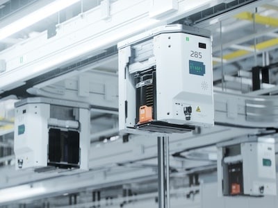 View of Automated Handling Material System Lines Inside Advanced Semiconductor Production Fab Cleanroom