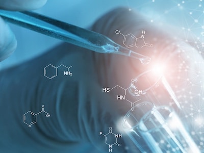 Illustration of molecules in action during biotech research in a Life Science facility