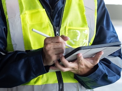 Auditor performing a safety audit to ensure procedures are being followed at the job site