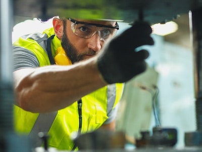 Industrial engineer working on a piece of machinery inside a high-tech facility
