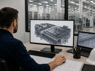 BIM designer reviewing a 3D semiconductor facility model and construction plans in an engineering office.