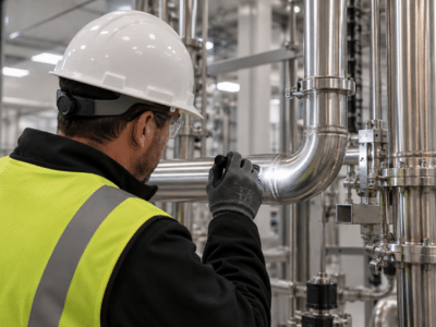Inspector examining a stainless-steel process piping weld inside a pharmaceutical manufacturing facility.