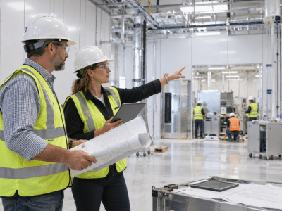 Construction administration professionals reviewing plans and field conditions during a high-tech cleanroom remodel.